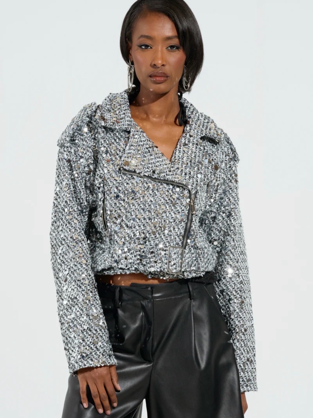 AKIRA Silver Sequin Cropped Moto Jacket